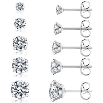 Wssx Stainless Steel CZ Stud Earrings (5 Pairs)