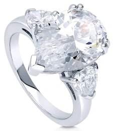 BERRICLE Rhodium Plated Sterling Silver Pear-Cut Cubic Zirconia Ring