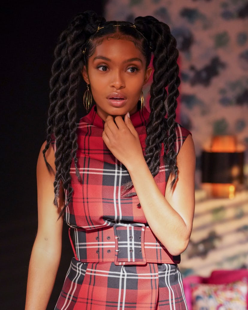 Zoey/grownish in the plaid Marc Jacobs outfit.