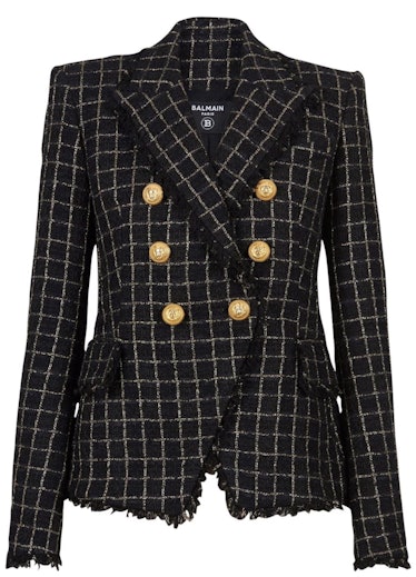 Double-Breasted Checked Tweed Jacket