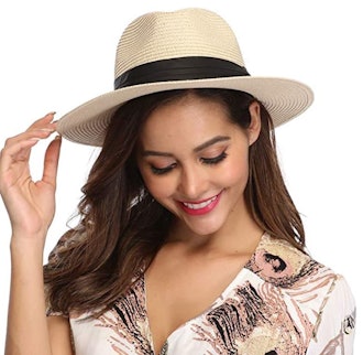 Lanzom Wide Brim Straw Panama Roll up Hat