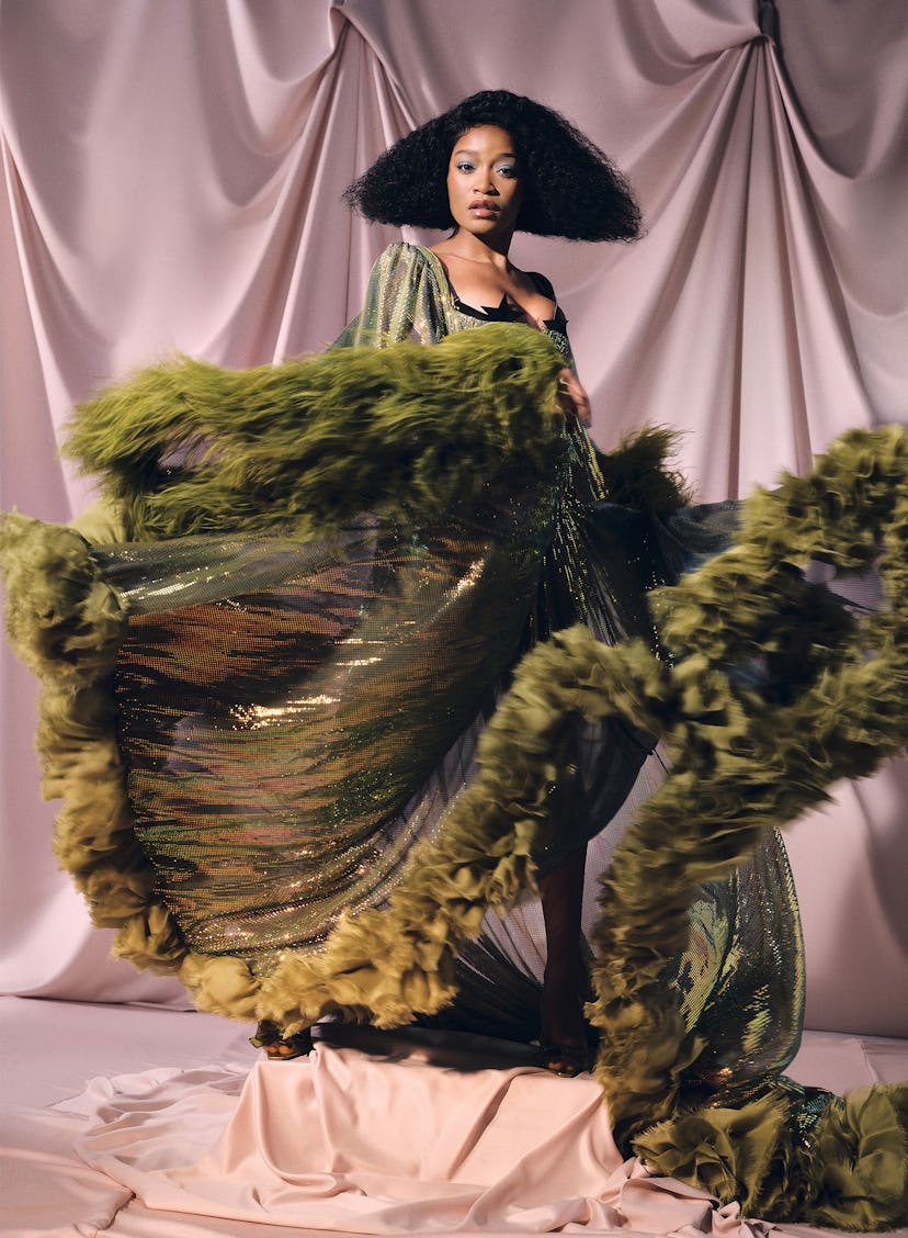 Keke Palmer in an green Gucci gown, Cosabella bra and Nalebe heels