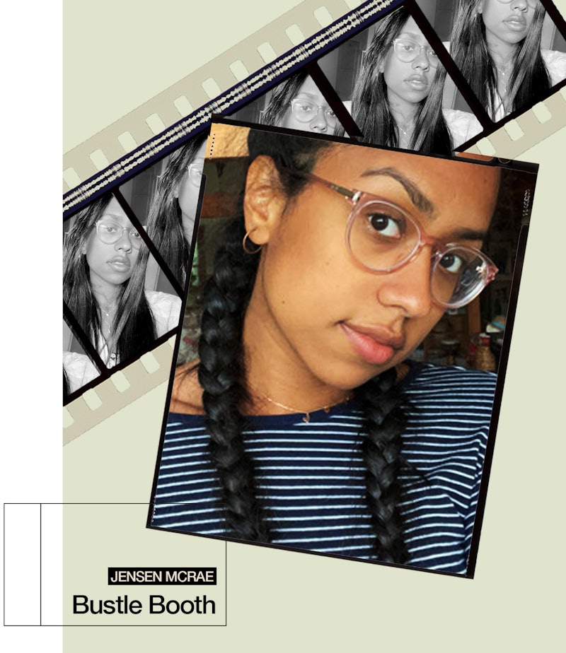 The folk singer-songwriter, Jensen McRae with braided pigtails, wearing striped shirt and glasses wh...