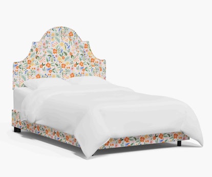 Upholstered platform bed with Rifle Paper Co. Print