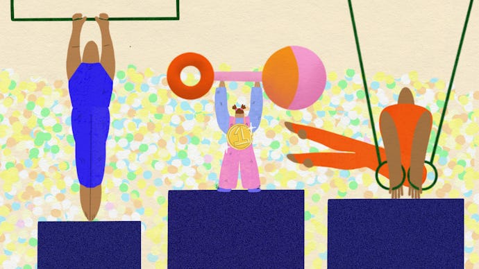 An illustration of three young prodigies in sports and gymnastics standing on pedestals
