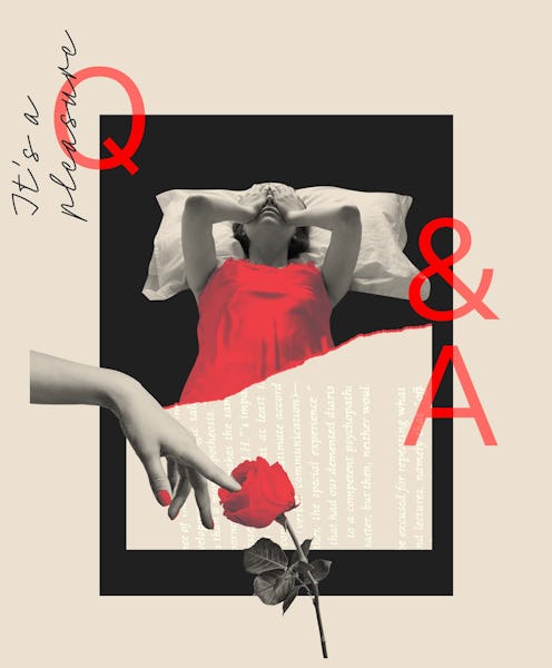 Collage of a sad lady holding her hands on her forehead while lying down in her bed next to a Q&A si...