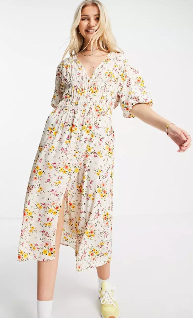 ASOS DESIGN Shirred Midi Tea Dress in Cream Meadow Floral Print