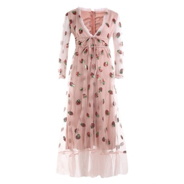 Gueuusu Women’s Fashion Strawberry Sequin Dress Summer Short or Long Sleeve V-neck Slim Fit A-line D...