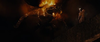 Gandalf (Ian McKellen) faces Durin’s Bane, a Balrog of Morgoth, in The Lord of the Rings: The Fellow...