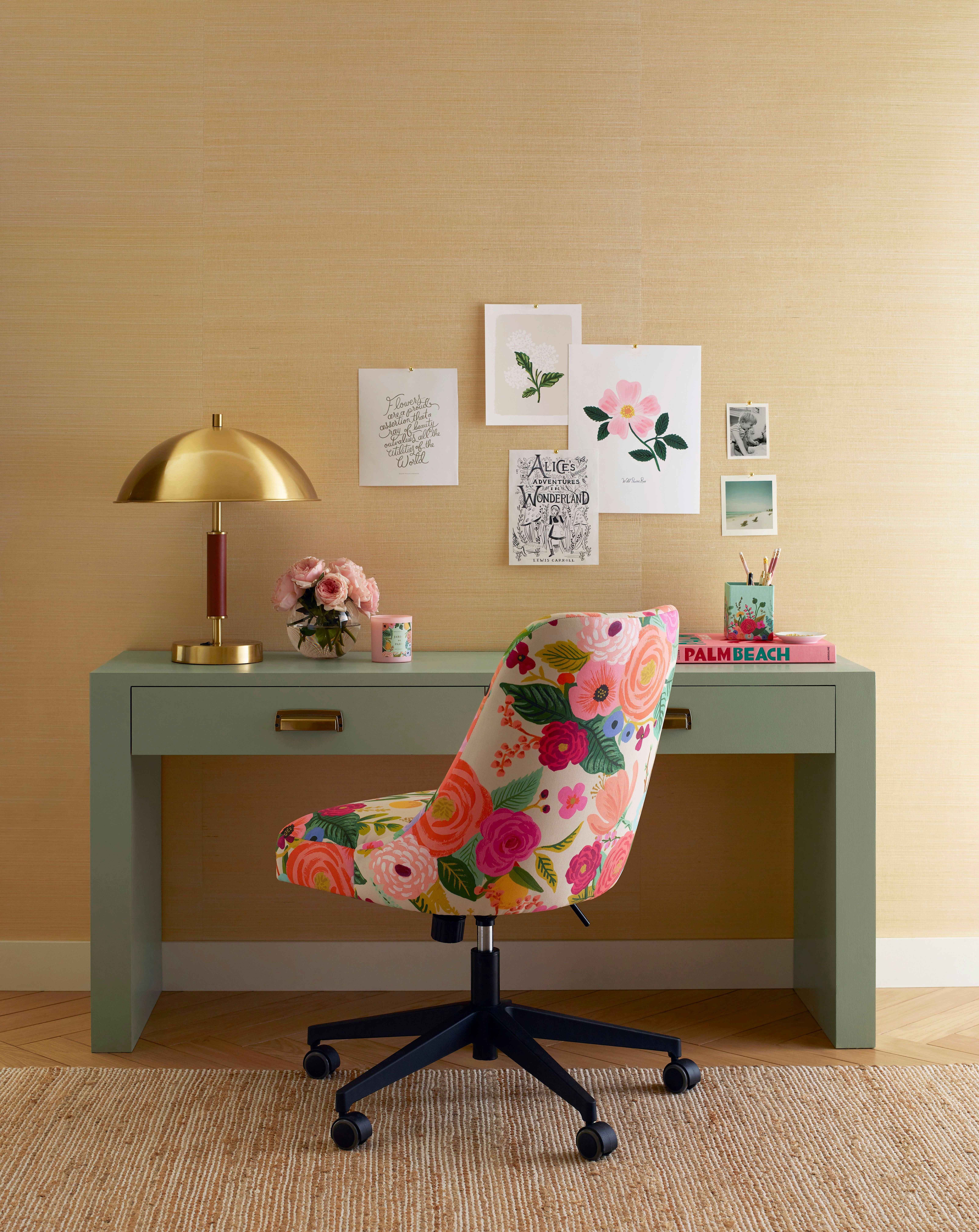 Desk chair with Rifle Paper Co. print, sitting at green desk 