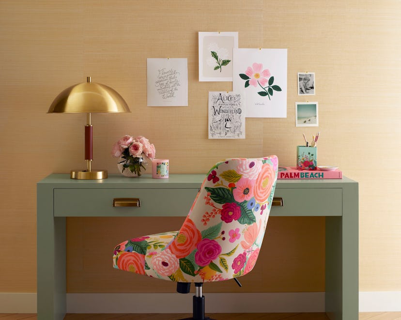 Desk chair with Rifle Paper Co. print, sitting at green desk 