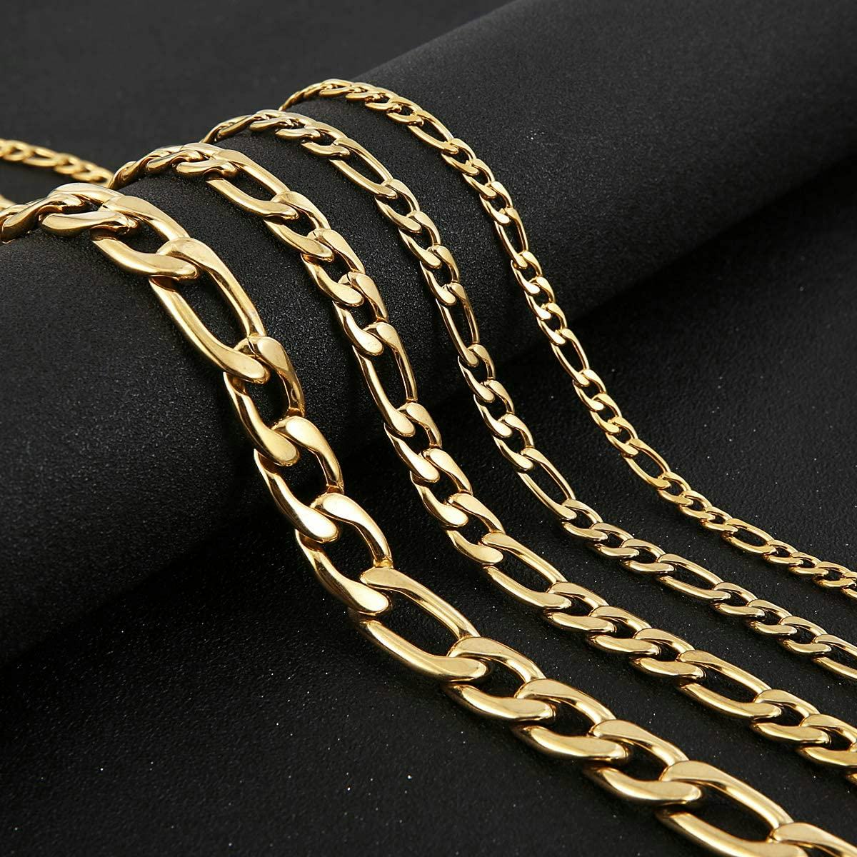 HZMAN 24k Gold Plated Figaro Chain Stainless Steel Necklace