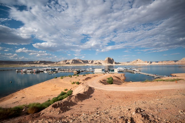 A dirt road leads down to the Stateline Marina on Lake Powell near Page, Arizona, on Wednesday, Aug....