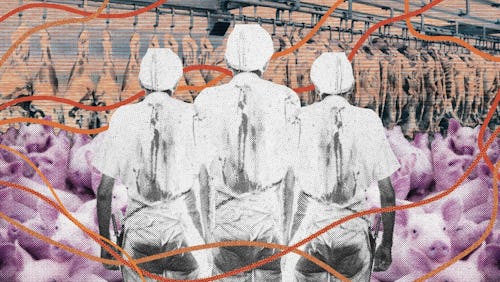 An abstract collage of three slaughterhouse workers and their meat in the background