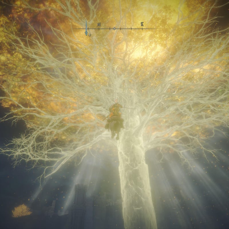 A screenshot from Elden Ring of a person on a horse flying into the great erdtree