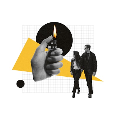 A collage with a couple walking next to a hand holding a lit lighter representing gaslighting in rel...
