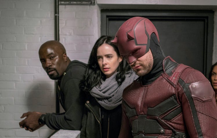 Scene from the tv show 'Marvel's The Defenders' featuring Daredevil, Jessica Jones, and Luke Cage