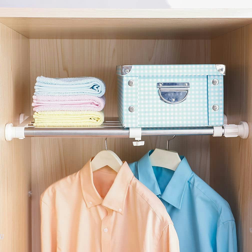 Tension shelf that can be adjusted to fit any space.