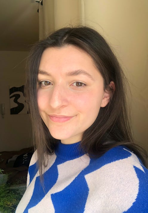 Maggie Haddad in the no-makeup makeup look and a white-blue sweater