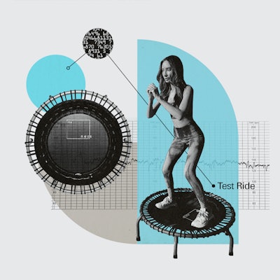 A collage of a woman during the Ness trampoline workout, and a trampoline in black-white-blue