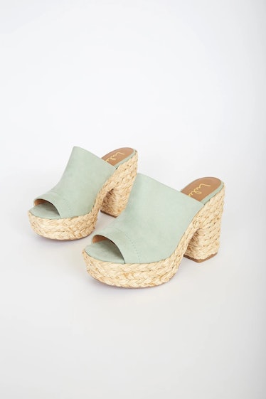 Ervyn Mint Green Suede Raffia Platform Slide Sandals