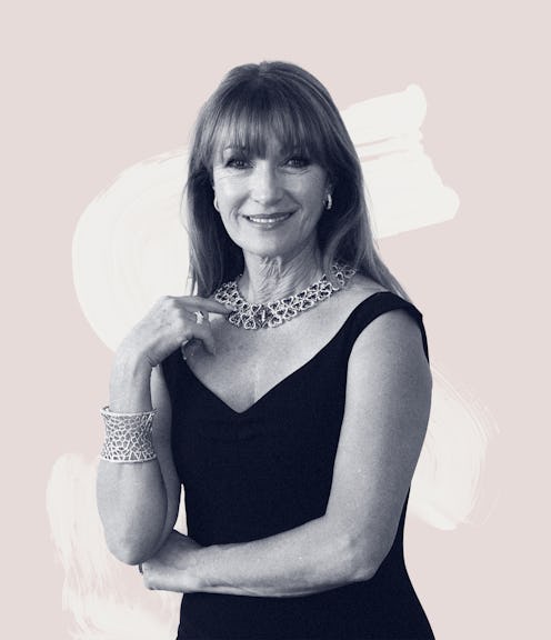 Jane Seymour in a black dress wearing a bracelet and necklace while posing