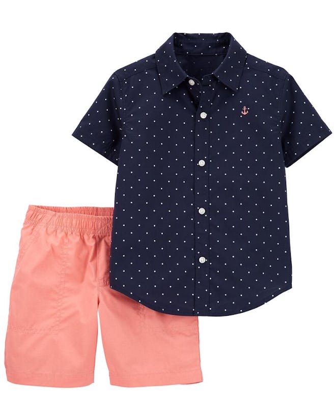 Navy and coral make a classic shirt and shorts combo.