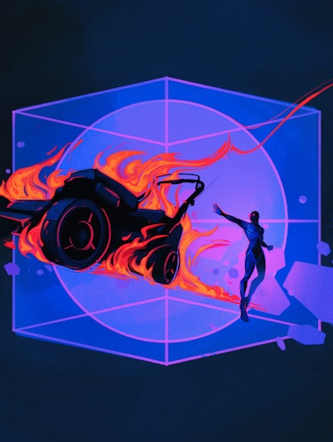 An illustration of The Lawnmower man, a lawnmower on fire in a geometrical shape