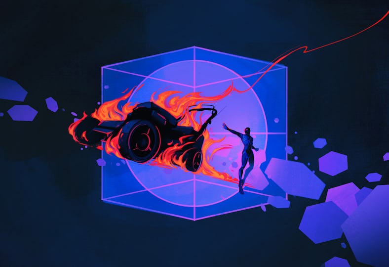 An illustration of The Lawnmower man, a lawnmower on fire in a geometrical shape