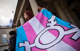 LGBTQ+ activists and their supporters rally in support of transgender people on the steps of New Yor...