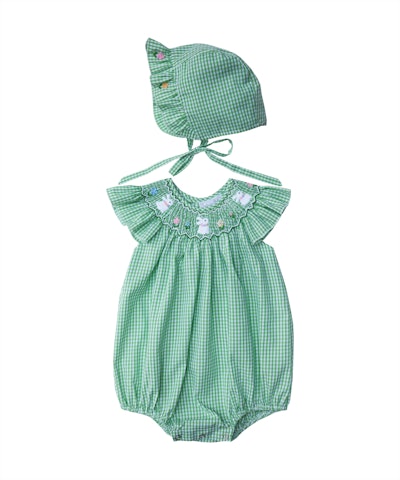 This Easter set includes a bubble onesie and bonnet.