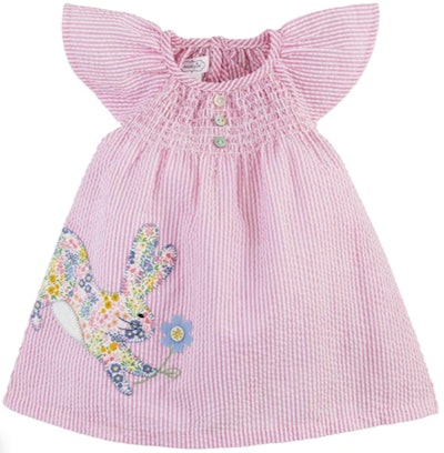 With pink, a floral bunny applique, and flutter sleeves, this dress has all things Easter.