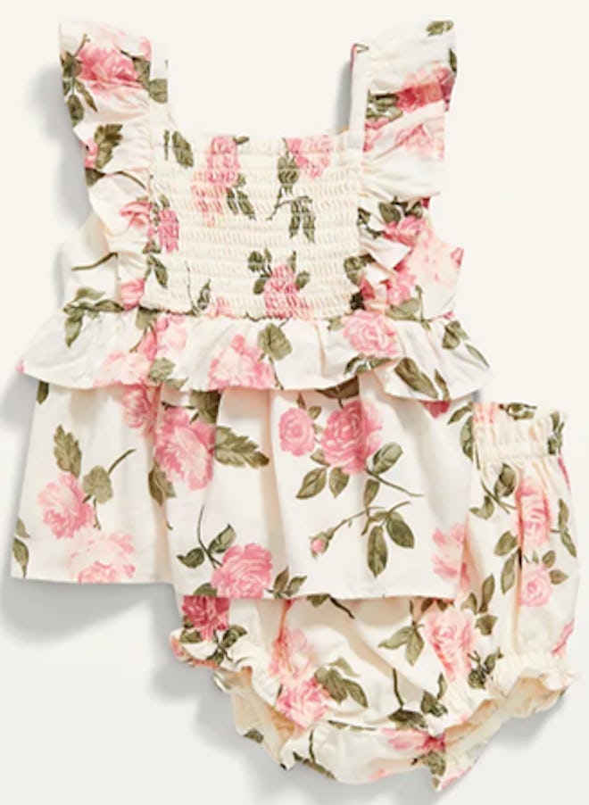 The ruffles and bloomers in this flowered set make it over-the-top adorable.