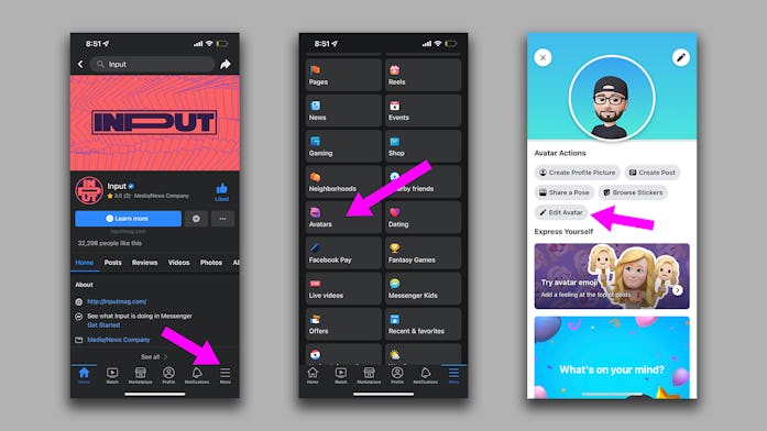 The Avatars menu is hidden pretty deep in your library of apps and shortcuts on the Facebook mobile ...