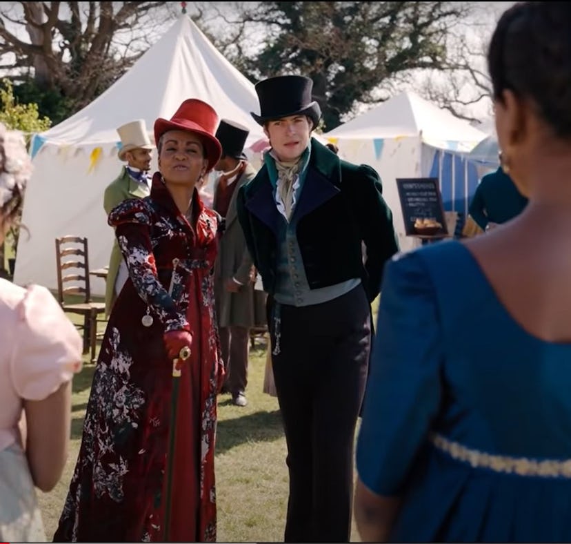 Sam Frenchum as Mr. Dorset and Adjoa Andoh as Lady Danbury in Bridgerton Season 2