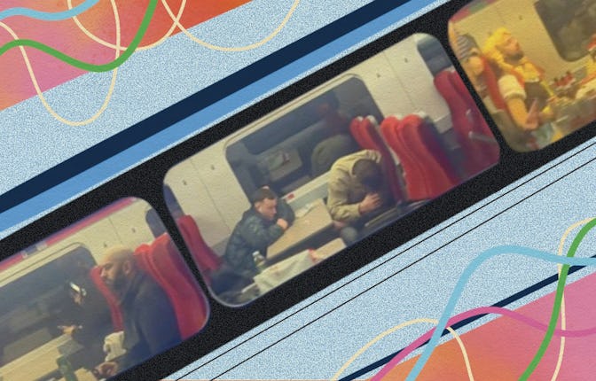 A view of the inside of a single train with people sleeping and sitting in red seats