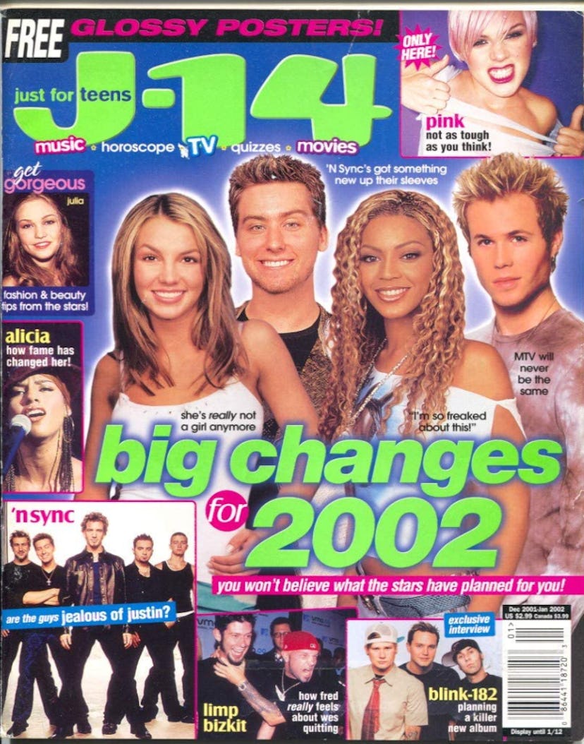 Beyoncé, Britney Spears, Lance Bass, and Ashley Parker Angel on the cover of J-14 in January 2002
