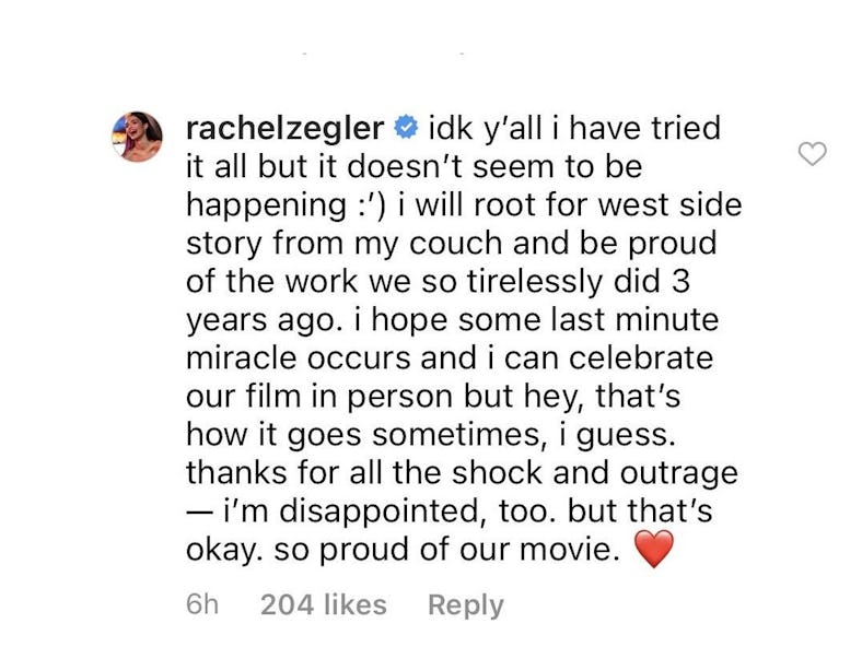 Screenshot of Rachel Zegler breaking to to fans she won't be at the Oscars