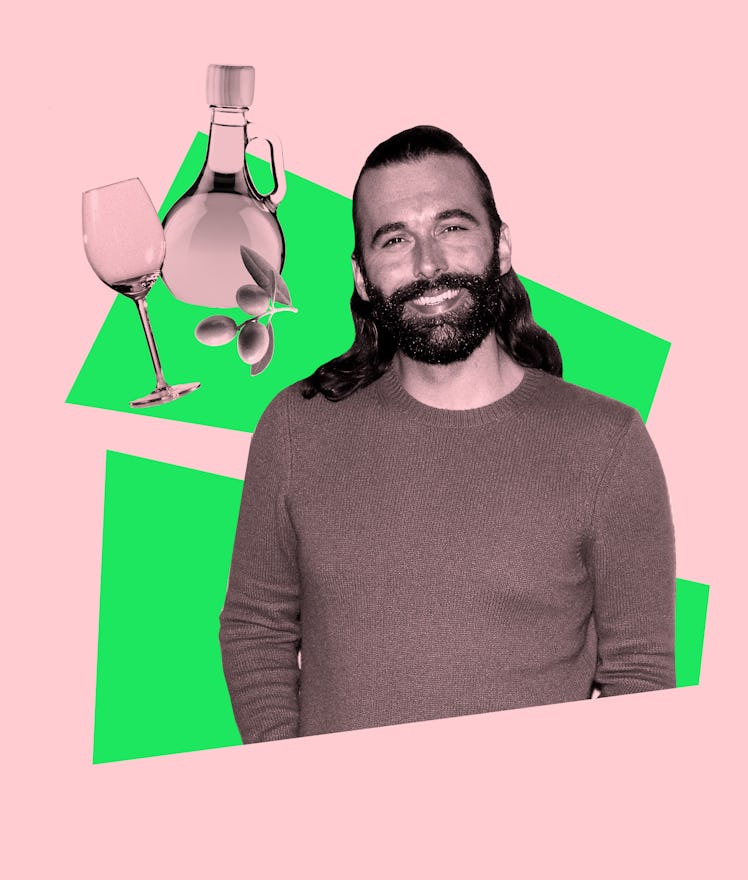 Jonathan Van Ness, olive oil, and wine glasses