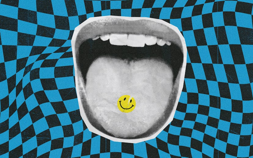 Mouth with a sticked out tongue holding a happy face pill that is supposed to be a psychedelic drug