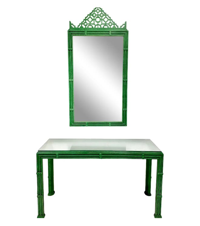Chippendale Inspired Green Fretwork Mirror and Console Table - a Pair