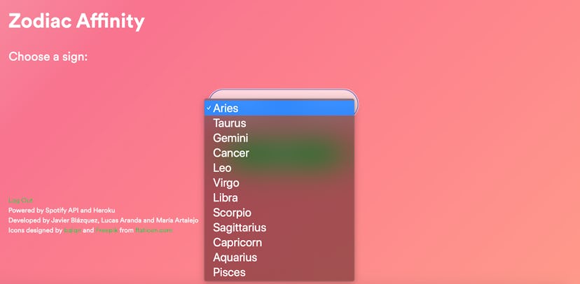 A screenshot showing how to select your zodiac sign for Spotify's zodiac affinity plugin