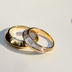 yellow gold and diamond knife-edge rings by Lizzie Mandler