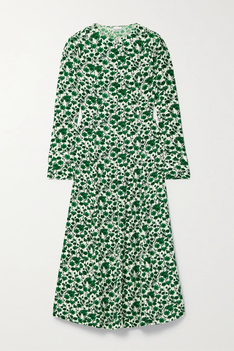 This GANNI green floral midi dress is a perfect piece for spring. 