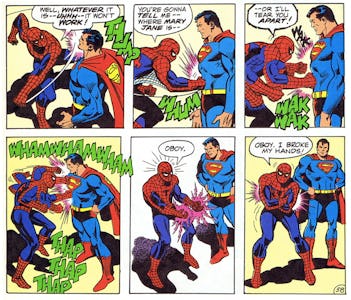 Superman and Spiderman in the Marvel and DC comic book crossover