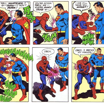 Superman and Spiderman in the Marvel and DC comic book crossover