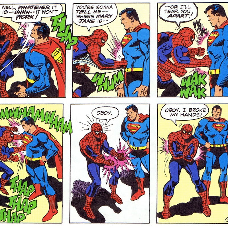 Superman and Spiderman in the Marvel and DC comic book crossover