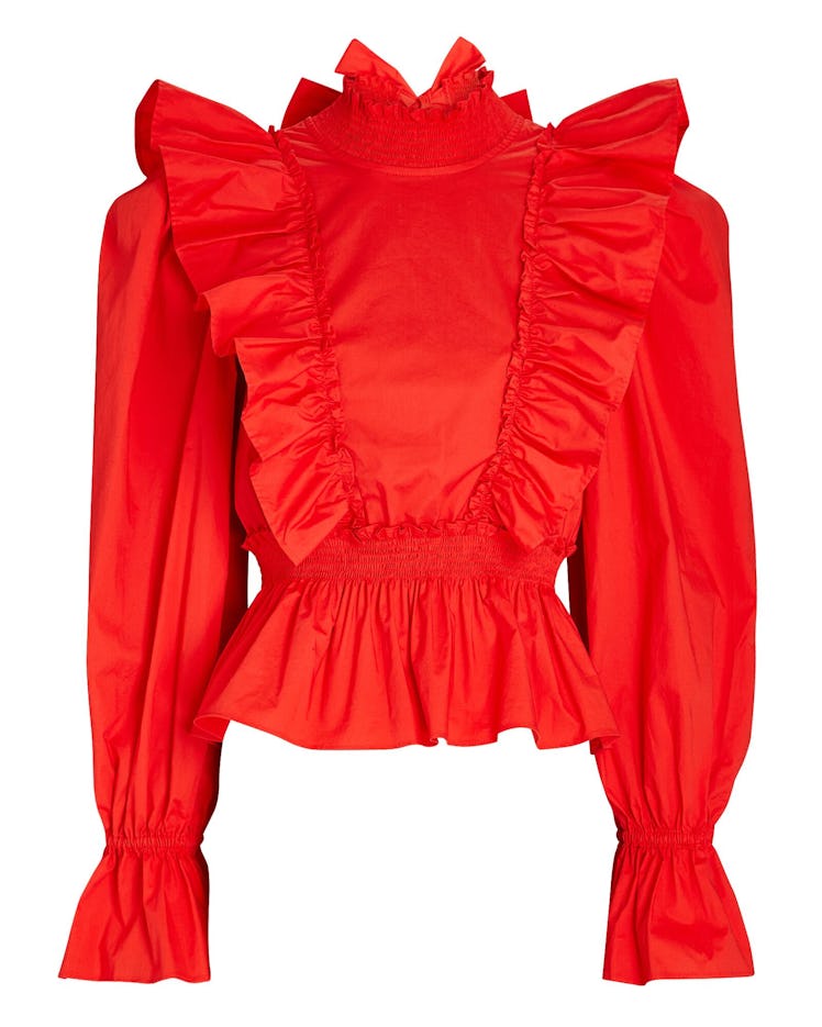 Spring 2022 color trends poppy red ruffled blouse