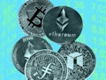 A Bitcoin, Ethereum, and other cryptocurrency coins on a blue-lime surface