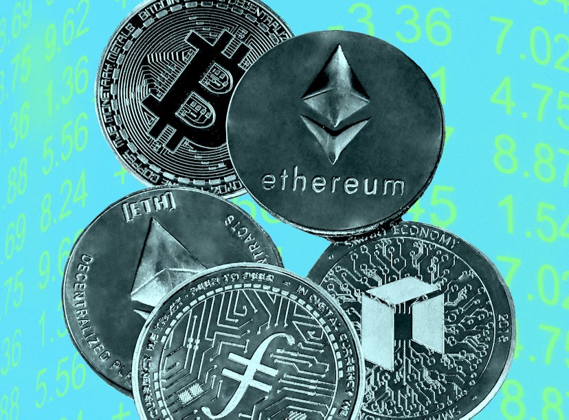 A Bitcoin, Ethereum, and other cryptocurrency coins on a blue-lime surface